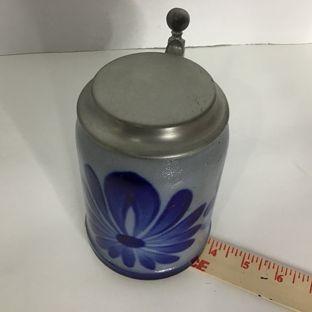 Stein-Mug Stoneware Vintage‎ Primitive Inspired Blue Floral With Lid Beer Stein - Picture 5 of 9
